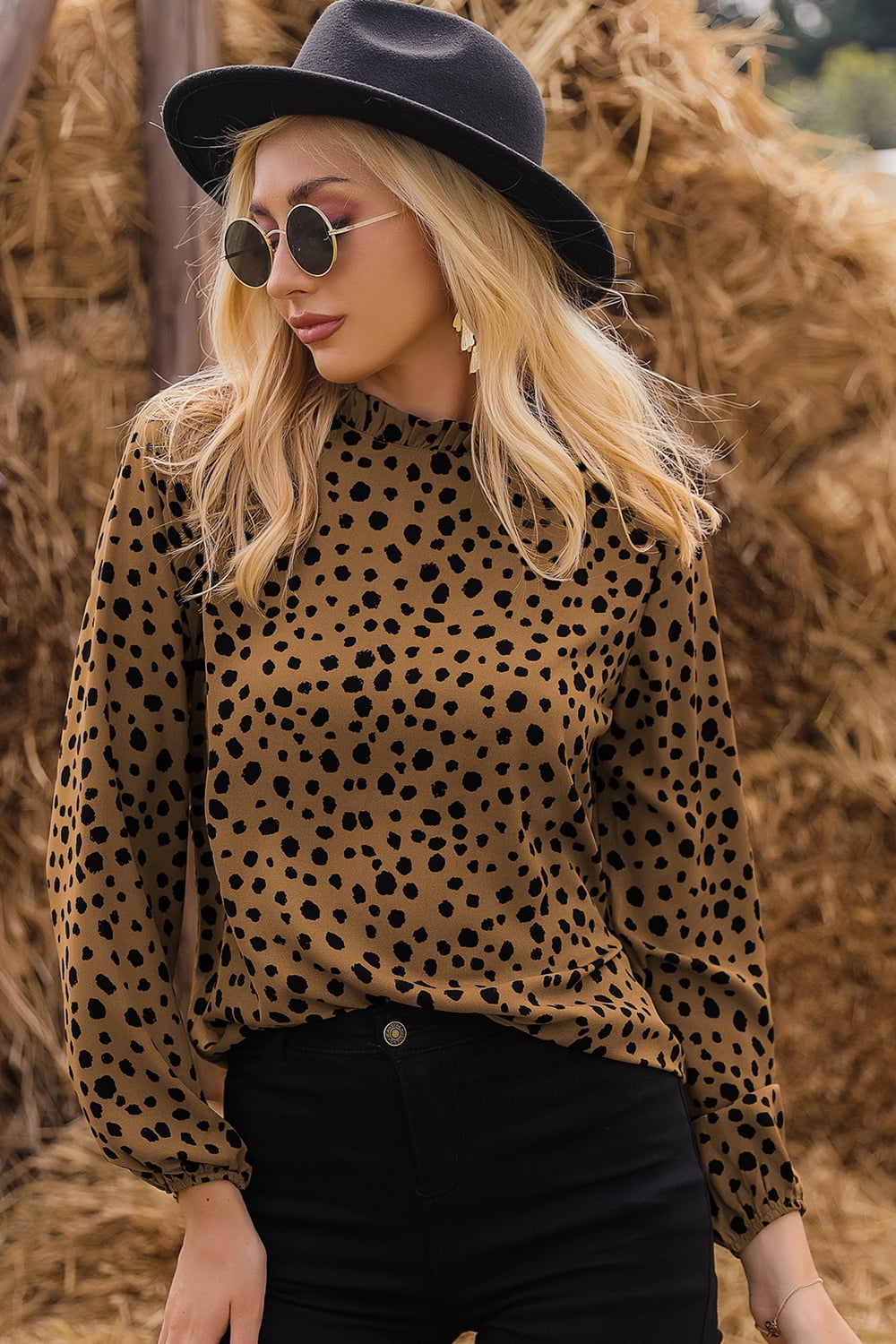 Printed Round Neck Long Sleeve Blouse