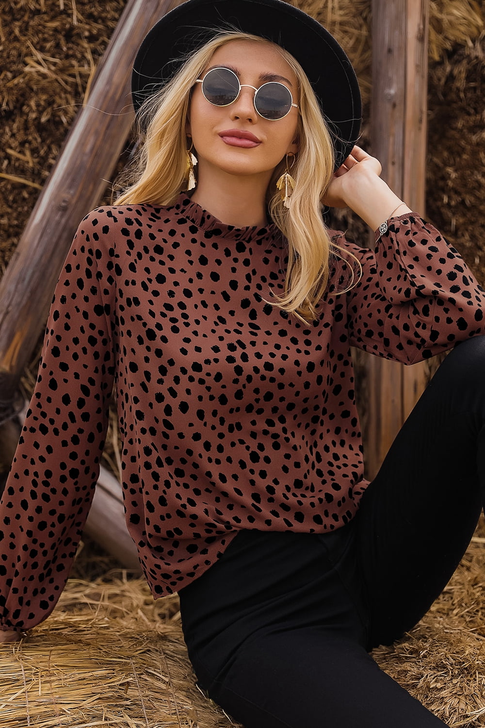 Printed Round Neck Long Sleeve Blouse